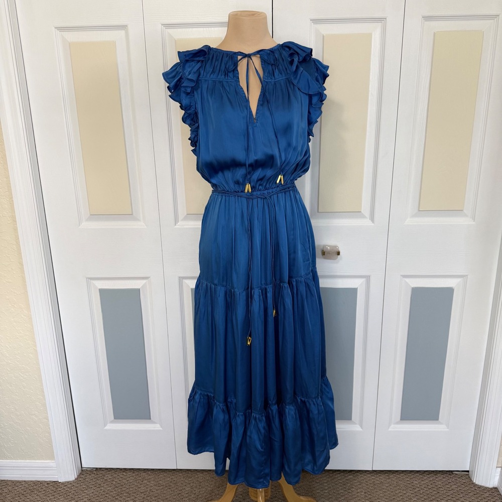 Karina Grimaldi Royal Blue Silk Blend Ruffle Tiered Midi Dress Small